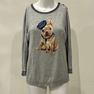 Talbots French Bulldog Nautical Pullover Sweater‎ Women’s S Grey Preppy Novelty